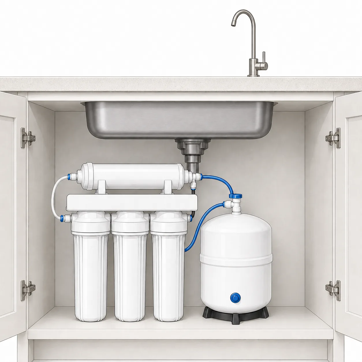Under-sink reverse osmosis system installed in white kitchen cabinet
