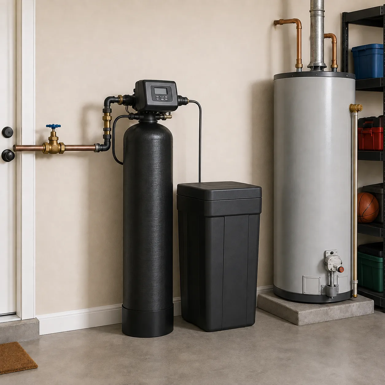 Whole-home water softener and filtration system installed beside water heater