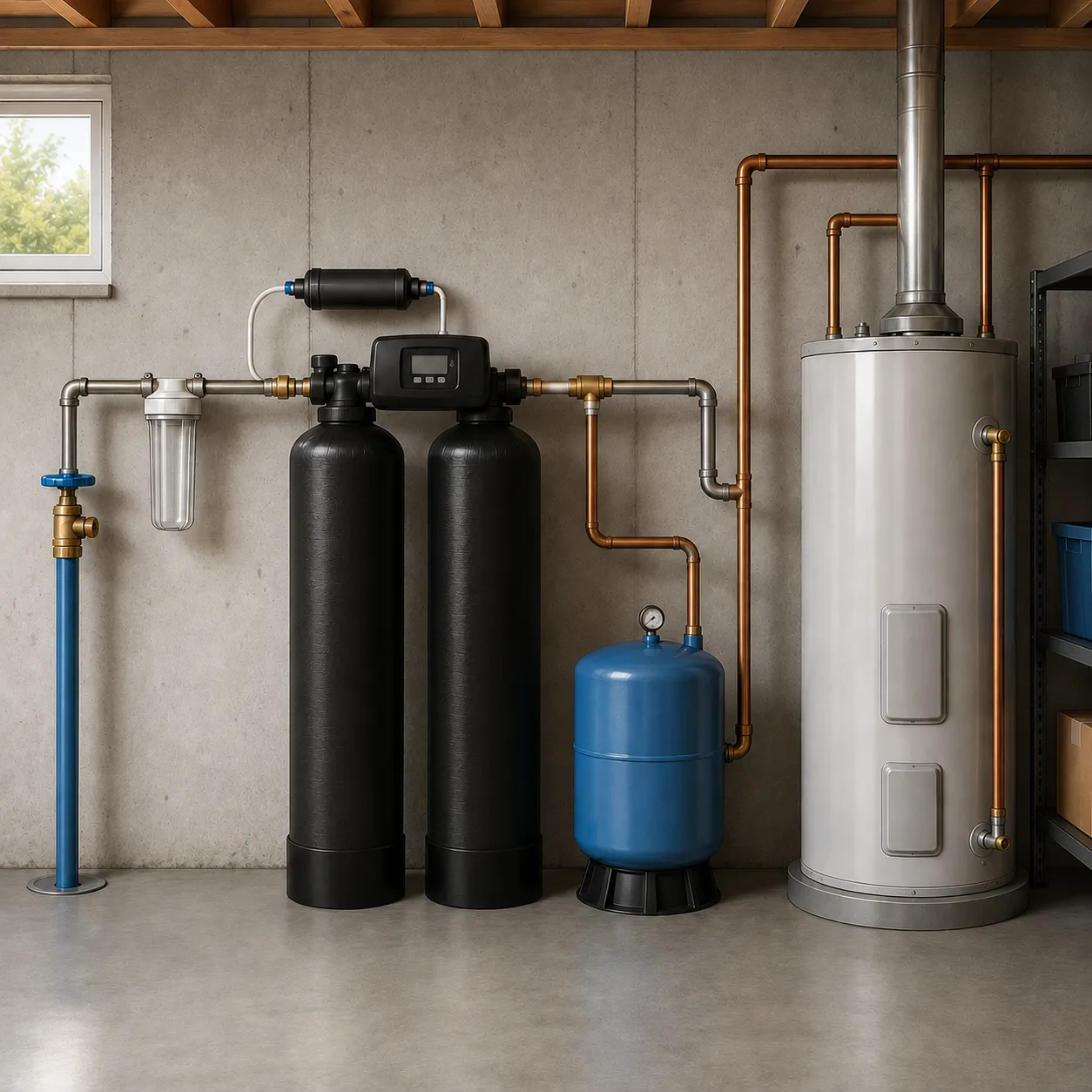 Well water treatment system with dual tanks and pressure tank in basement